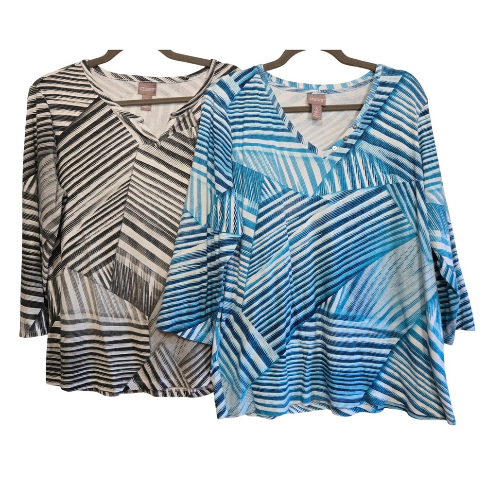 Chicos Set of 2 Geometric Abstract V-Neck 3/4 Sleeve Top Teal Black White 3/XL